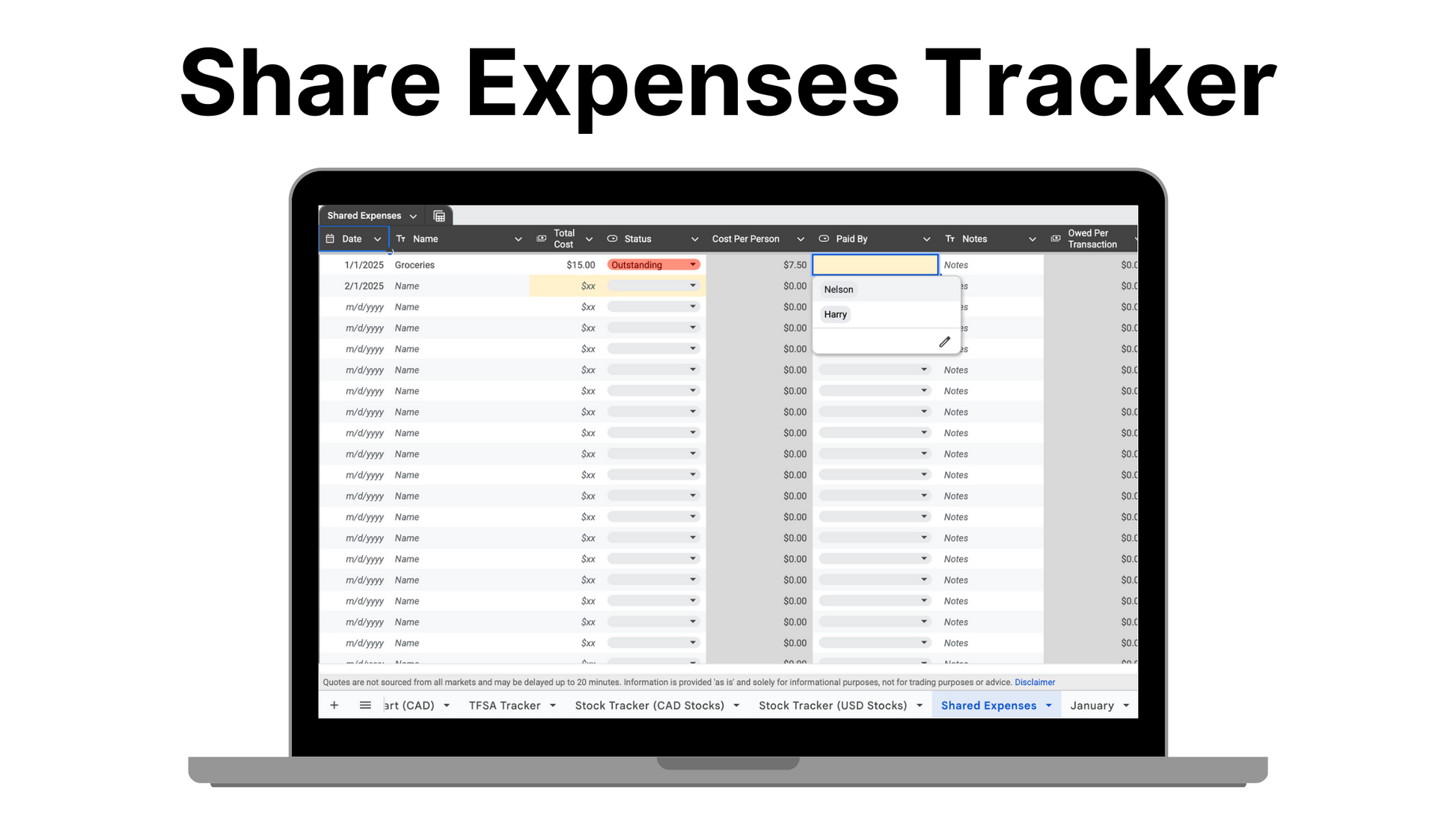 🇨🇦 - All In One Finance Tracker (Net Worth, TFSA, Stocks, Shared Expenses, and Budget Template)