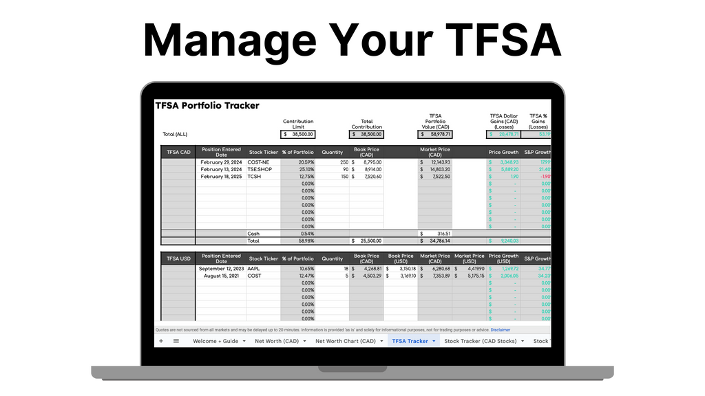 🇨🇦 - All In One Finance Tracker (Net Worth, TFSA, Stocks, Shared Expenses, and Budget Template)