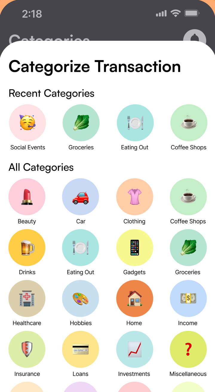 Categorize Transaction screen in the Maple Budget iPhone app