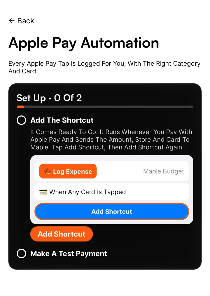 Apple Pay Automation setup in the Maple Budget iPhone app