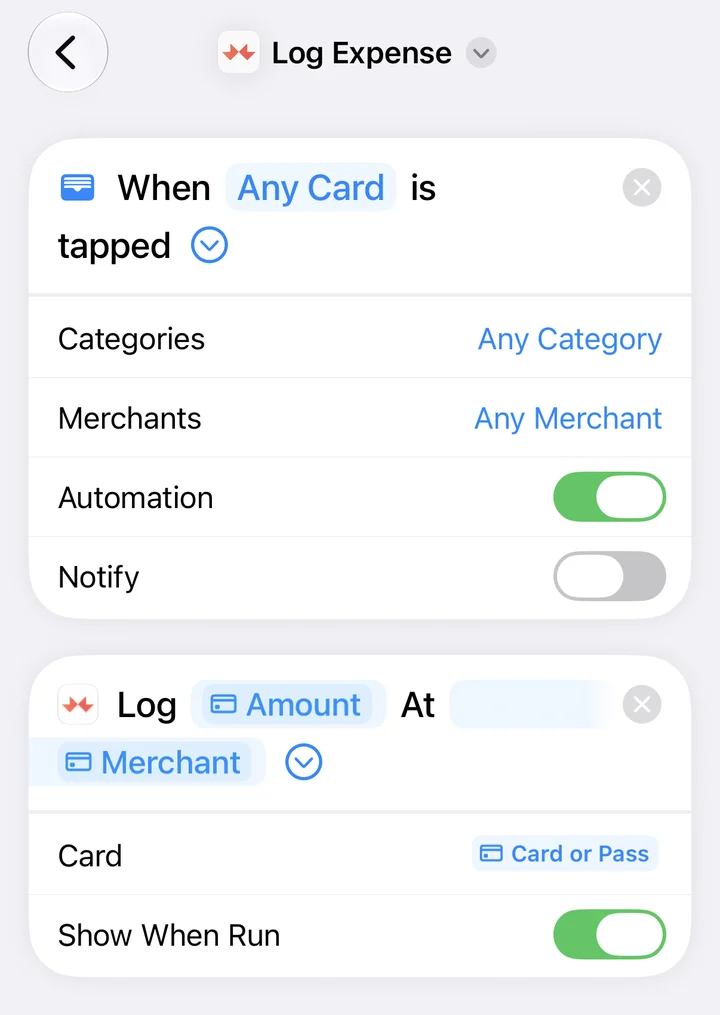 The Log Expense shortcut in the iOS 27 Shortcuts app, triggered when any card is tapped, with Automation turned on