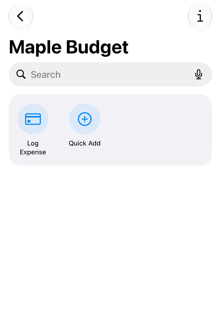 Maple Budget's Log Expense and Quick Add actions in the iOS Shortcuts app