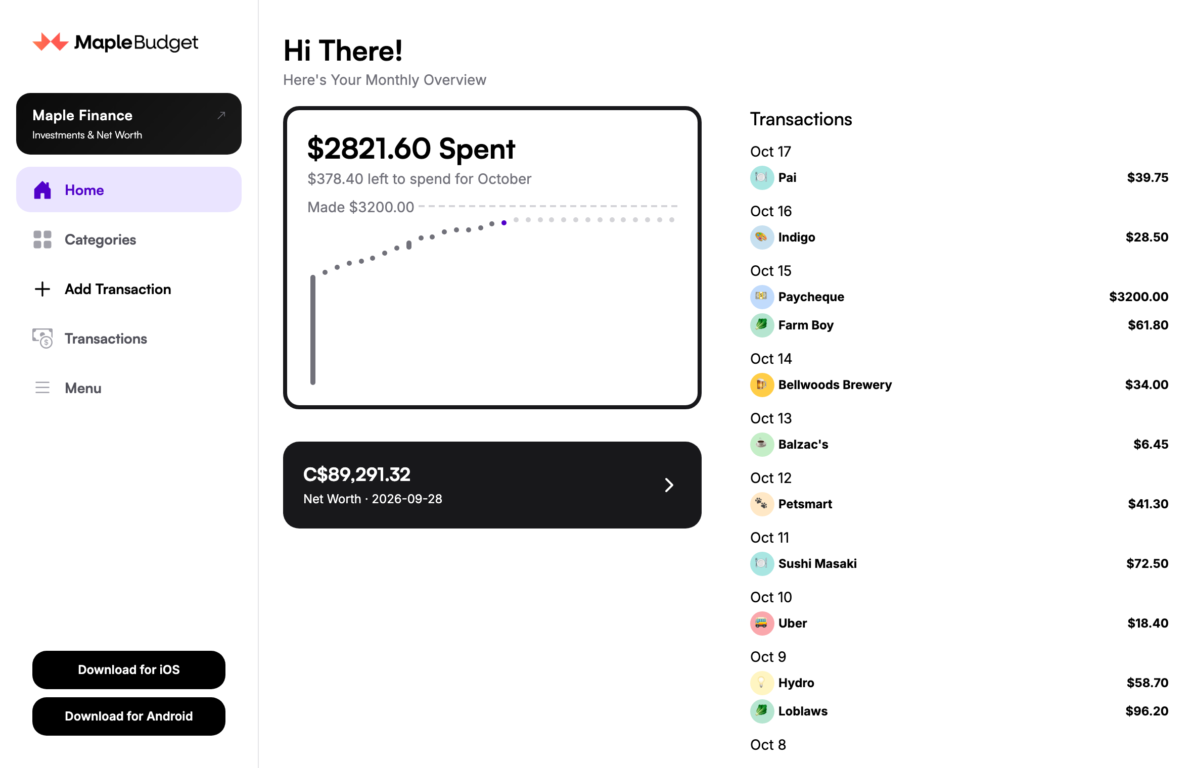 Maple Budget web app home showing monthly spending and transactions